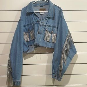 Custom Wrangler Hero rhinestone fringe crop denim jacket